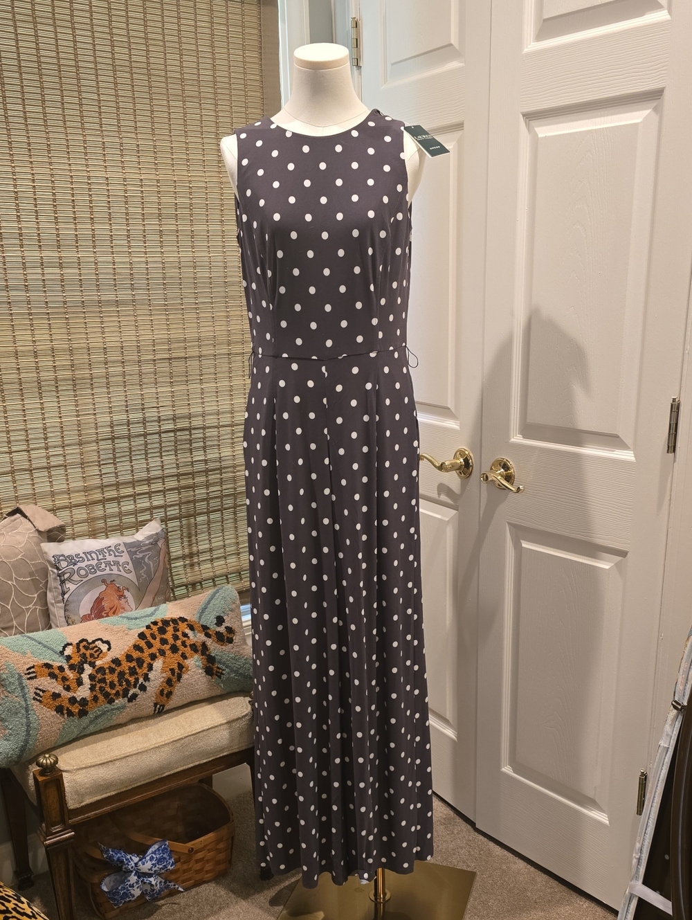 Ralph Lauren Sleeveless Charcoal Jumpsuit with White Polka Dots